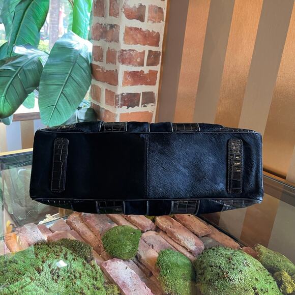 VERSACE Black Pony Hair Croc Embossed Suede Leather Dome Satchel - Picture 5 of 11